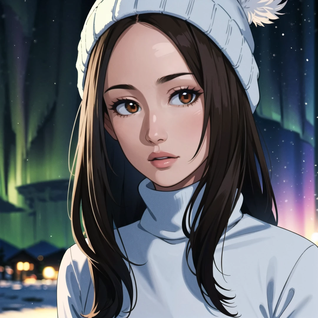 1girl,solo,long hair,brown hair,brown eyes,nose,lips,turtleneck sweater,beanie,outdoors,snow,star \(sky\),aurora,blurry,looking at viewer,Highly detailed,(ultra-detailed),(best quality,masterpiece:1.5),<lora:Maggie Q:0.6>,<lora:ç»èè°æ´2.0:0>,