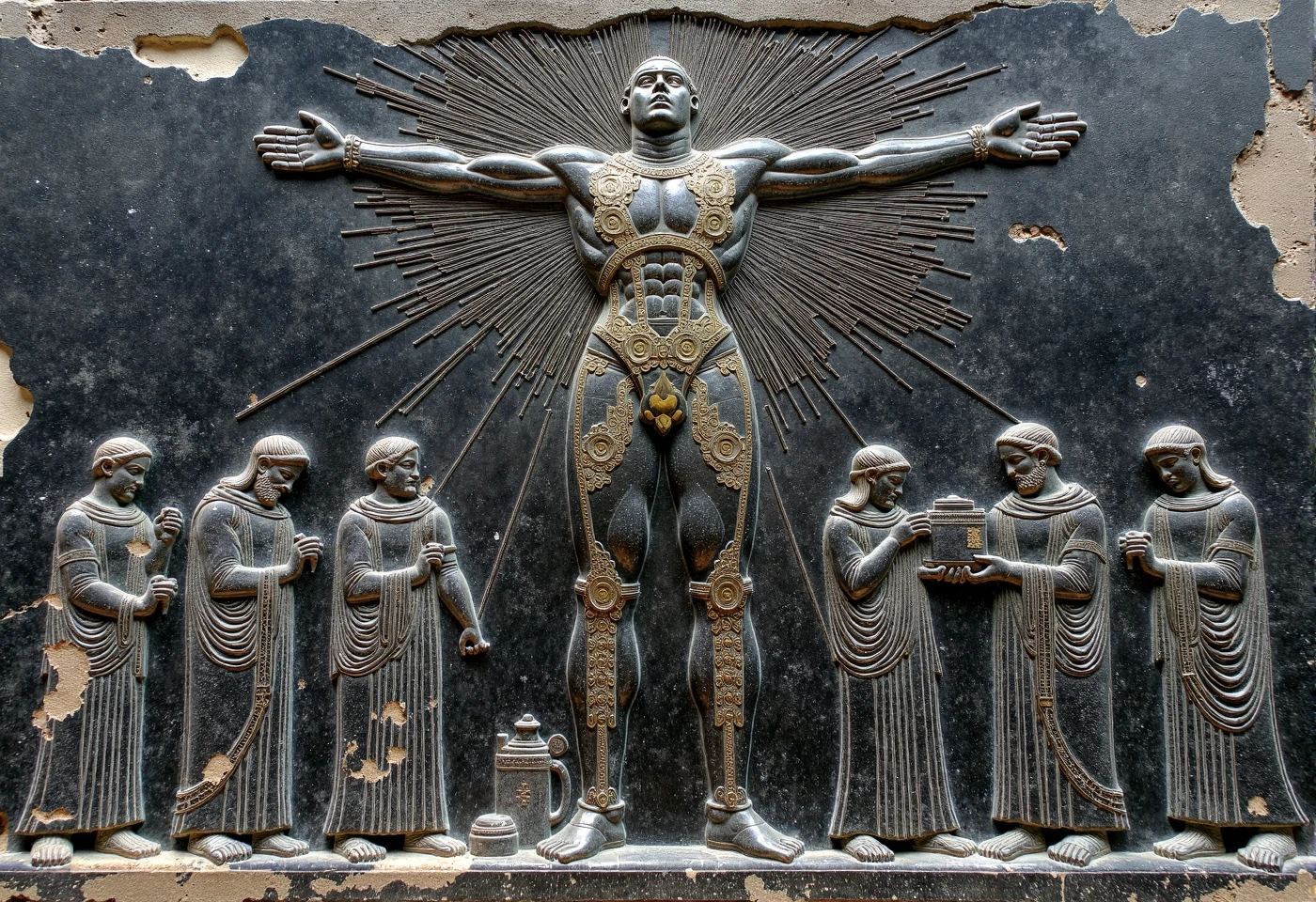 a bas relief sculpture. The sculpture is carved from a  black and white marble stone with thin delicate veins of gold running throughout with a weathered texture that suggests it has been exposed to the elements for a significant time. relief depicts A massive robot, depicted as a god or divine figure, stands tall with outstretched arms. Surrounding it are ancient worshippers—dressed in traditional robes, bowing, and offering gifts—while intricate carvings of technology and circuits adorn the robot's body. The worshippers appear in awe, and rays of light emanate from the robot’s head, symbolizing its divine power. The scene blends ancient reverence with futuristic tech, creating a powerful juxtaposition of faith and machinery. The texture of the stone is rough and uneven with some areas showing signs of erosion or damage. The overall style is reminiscent of ancient Roman art with an emphasis on detailed symbolic representation.