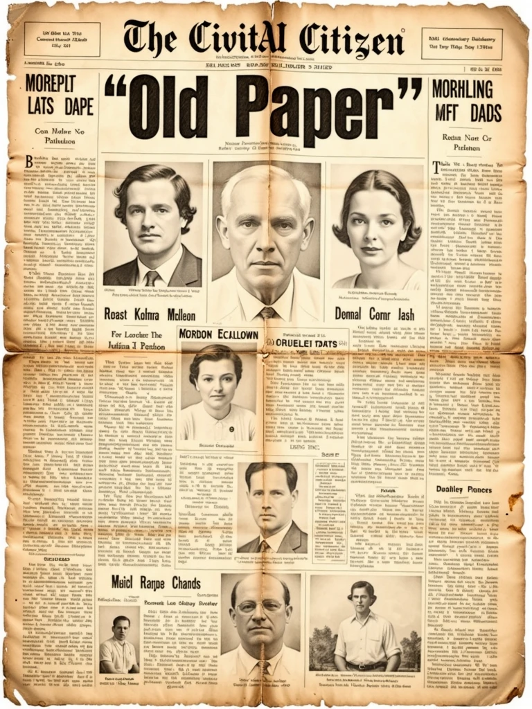 Old newspaper. (Banner: "The CivitAI Citizen"). 

A story headline, in large letters: (text: "Old Paper"). Stories and pictures covering the paper. 

Stained and creased paper.

oldpprCE style