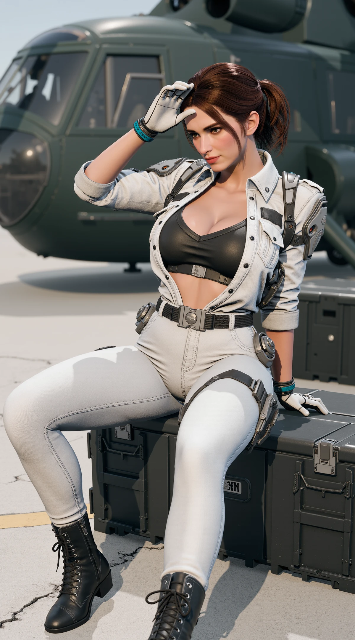 cinematic film still of TFD-Hailey-Default, a woman with brown hair tied back in a low ponytail. She is sitting on a crate next to a helicopter shielding her eyes from the sun with her hand. The concrete ground has cracks and painted lines
She is dressed in a form-fitting, white, high-tech military outfit with a futuristic tactical design. The suit has a buttoned-up jacket that slightly open to reveal a black sports bra underneath with a metal clasp. The jacket features shoulder pads and multiple pockets. The suit is paired with matching white pants that have a slight sheen, indicating a synthetic material. The suit features a high-waisted design that accentuates her hips and thighs.
The character is accessorized with several gadgets and devices. She wears a earpiece, suggesting communication or surveillance capabilities. On her left wrist, she has a blue and black wristband, and on her right wrist, she wears a white and black wristband. Additionally, she has a utility belt with various tools and equipment attached to it. Her hands are gloved, adding to the high-tech theme. Her outfit includes black, lace-up ankle boots that reach mid-calf, adding to the militaristic aesthetic. <lora:TFD-Hailey-Default:0.7>