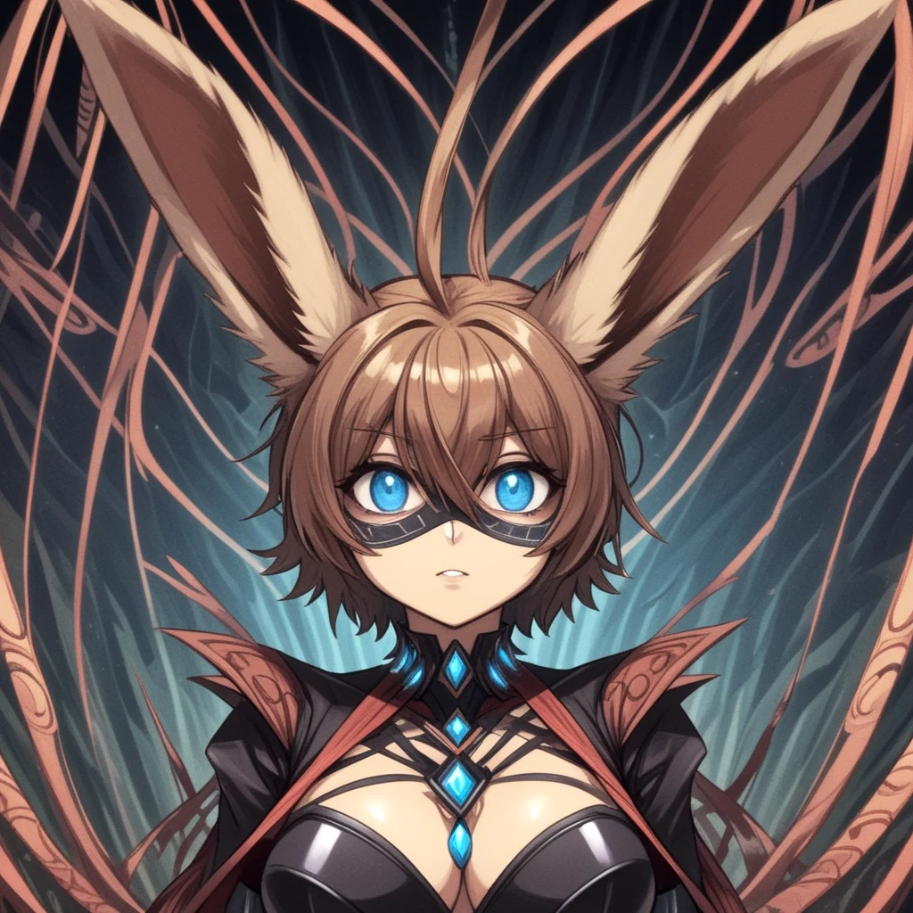 (2d anime style, thin lines, flat colors:1.5), furry anthro bunny lady with bunny face wearing warrior leather-metal outfit showing cleavage, bunny ears, sci-fi fractal background, fractal world, black choker, necklace, red earrings, beige-brown fur, furry, white bunny snout, cute blue eyes