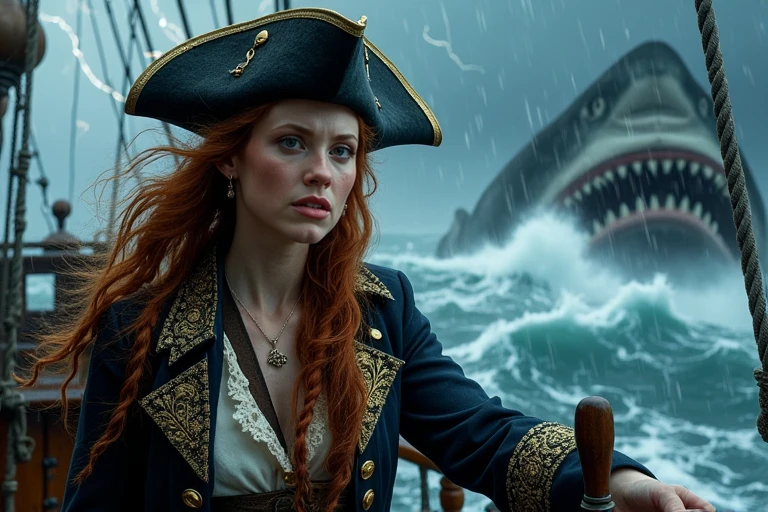 JudithHoagTMNTApril, a young JudithHoagTMNTApril woman with red hair, ((braids, dreadlocks)) hairstyle. On the deck of a storm-tossed pirate ship, as a pirate captain gripping the wheel with determination. Wearing an ornate tricorn pirate hat. Her ornate coat flaps wildly, adorned with gold buttons and intricate embroidery. Heavy rains pour from dark stormy skies. Lightning illuminates the roiling seas and the looming silhouette of a massive megalodon giant shark monster in pursuit. Angry, determined, her facial expression is that of one determined to survive. <lora:JudithHoag_TMNTApril_Flux:0.65>