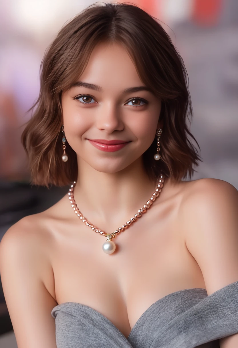 (Masterpiece,Best Quality:1.4),8k,(Movie-like footage,move photo:1.2),Hi-Res,Glossy Skin,Super Detailed Skin, noise, 1girl, solo, breasts,, looking at viewer, smile, medium hair, brown hair,  jewelry, brown eyes, earrings, necklace, blurry, bracelet, lips, blurry background,,realistic, pearl necklace, kooo123,  koooemmamyers <lora:Emma_Myers_v1_XL:0.9>