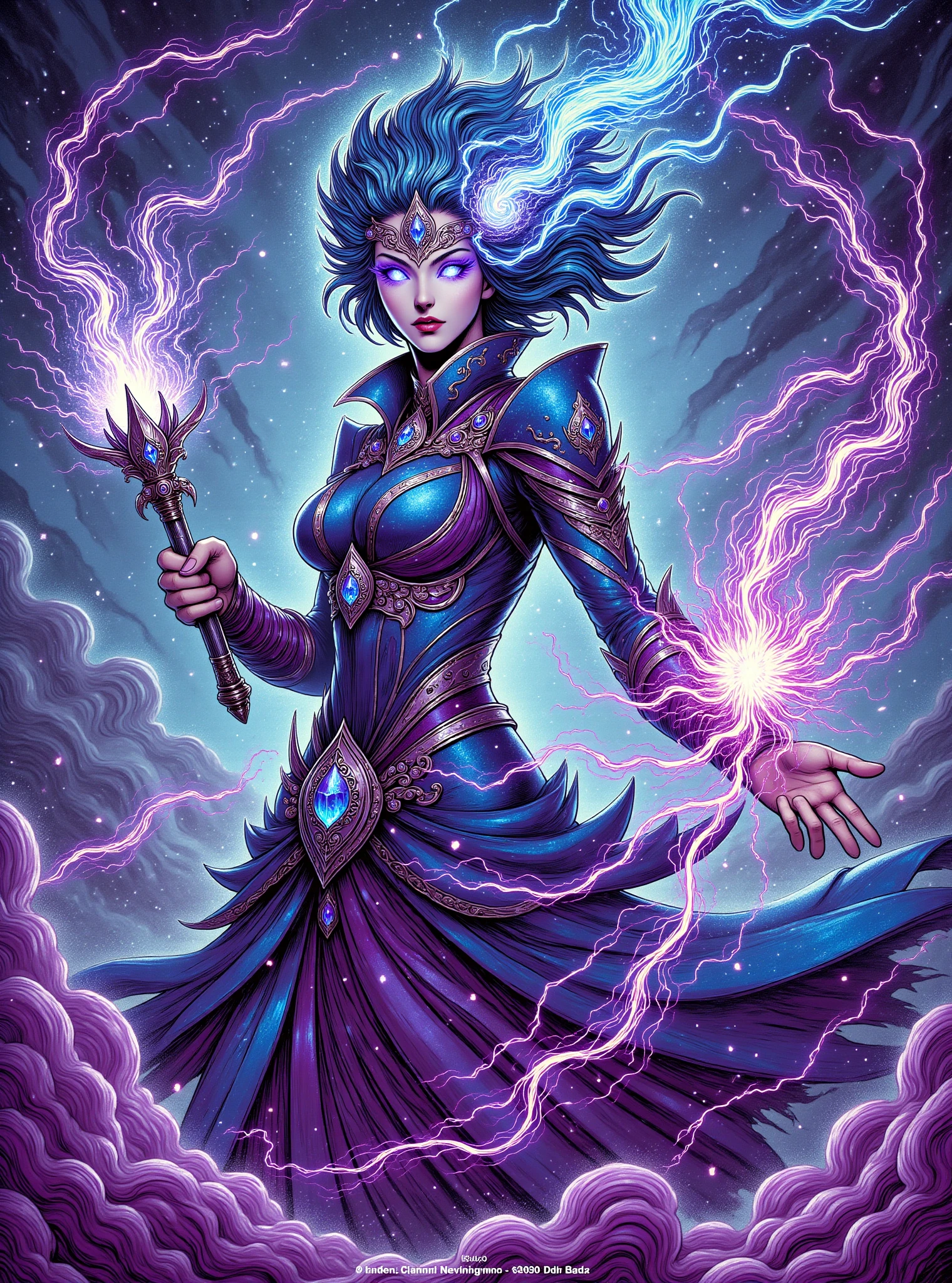 donmc0m1cm4g1cfx magic, female blademaster  Wielding cantrip shaped like Nebula of iridescent gaseous void and electrokinesis