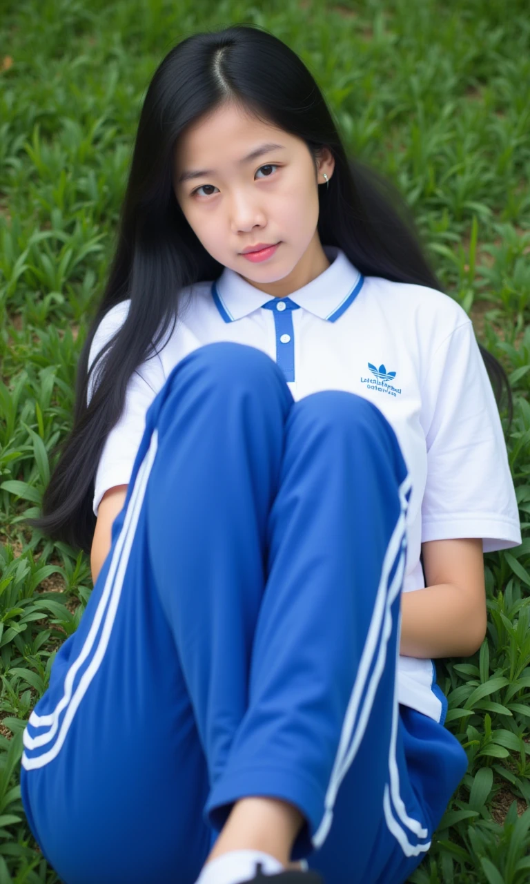 a 15-year-old asian lady wearing white shirt and blue pants. she lies on lawn. she has long black hair. she hugs her legs with her arms.