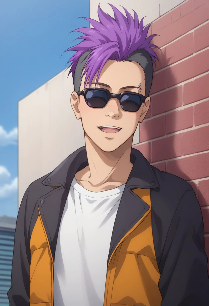 score_9, score_8_up, score_7_up, source_anime, highly detailed, 
wong, 1boy, male focus, undercut, sunglasses, solo, purple hair, multicolored hair, smile, piercing, open mouth,
two-tone hair, jacket, mohawk, shirt, upper body, black hair,
outdoor, sky, wall,