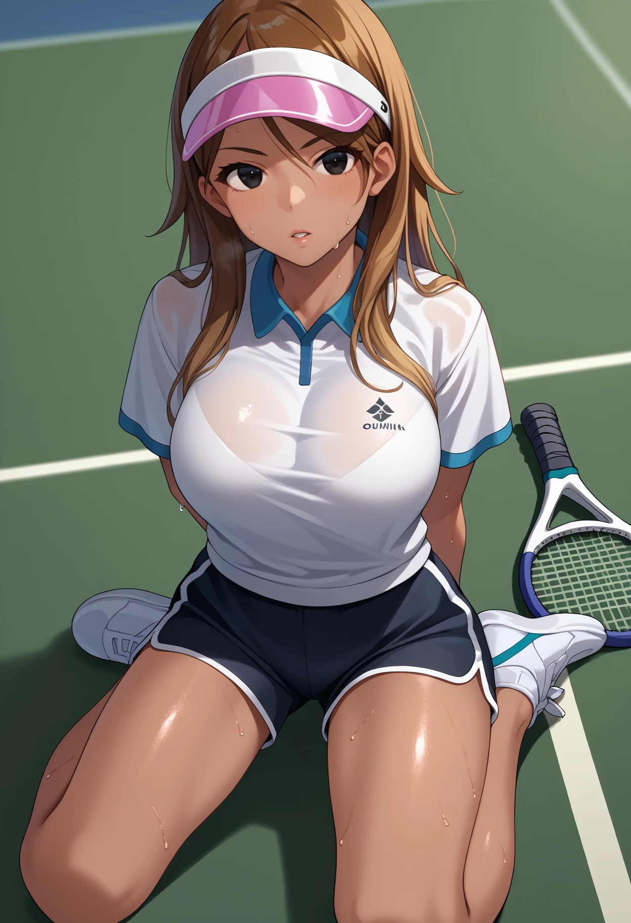 mastute piece,Best Quality,insanely detailed,8k cg,nsfw,
(shoot upper body:1.3),
(1girls:1.3),standing,looking at viewr,body in front,both arms behind back,(tennis-uniform),(bare breasts:1.2),(bare nipples:1.2),
break,
blush,shy,(ecstasy face),(trembling:1.2),break,(light pink hair:1.3),
break,
perfect breasts,perfect teats,(open mouth:0.9),(large breasts:1.2),
(tennis-court)、