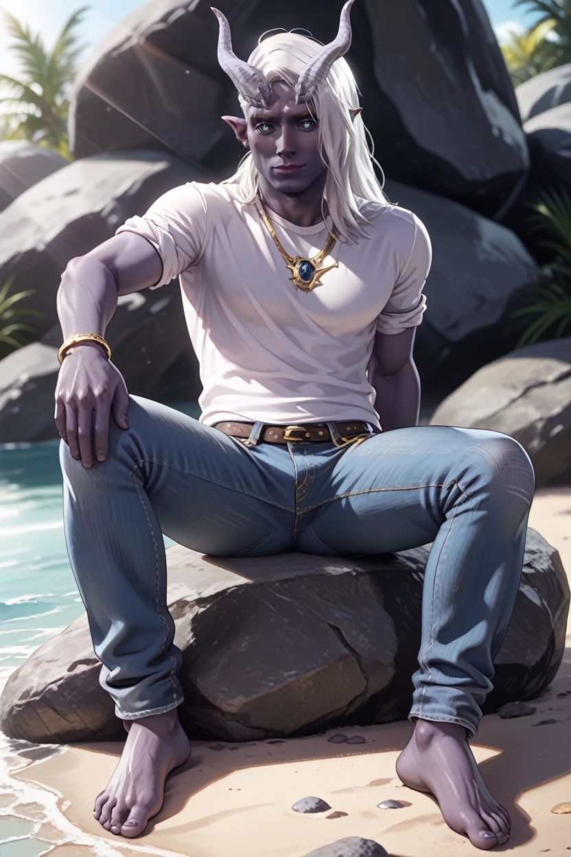 score_9, score_8_up, score_7_up, score_6_up
<lora:BGMyDreamBoy:1.0>
BGMyDreamBoy, 1boy, white hair, long hair, purple skin, demon horns, looking at viewer, male model in a white t-shirt, sitting on a beachside rock, jeans rolled up, barefoot, gazing at the horizon, soft sunlight, serene expression