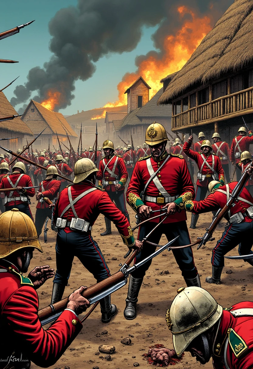 In a graphic novel style, imagine the final assault at Rorke’s Drift, with Welsh Guards soldiers locked in brutal hand-to-hand combat with the Zulu warriors who have breached the walls. The soldiers, their red coats torn and stained with dust and blood, struggle to defend their position. The atmosphere is dark and gritty, the details of every spear thrust, rifle shot, and bayonet slash captured in dramatic shading. In the background, the burning thatch roofs of the mission station and the swirling smoke add to the desperate tone of the scene.