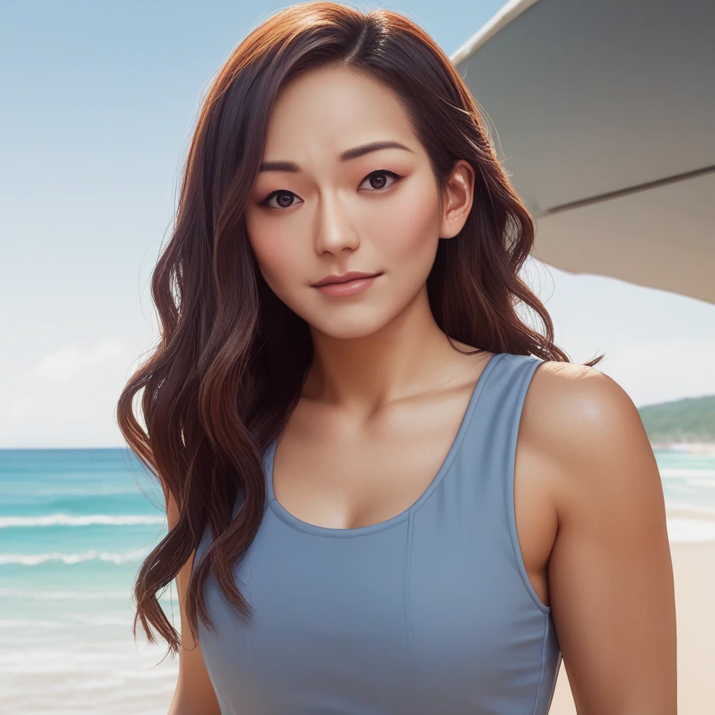 score_9, score_8_up, score_7_up, source_anime, professional photograph of  karen woman, long hair, wavy hair, upper body, wearing casual clothes, sleeveless, at a beach, ocean background, sunny day, looking at the viewer <lora:Karen Fukuhara Pony-000008:1>