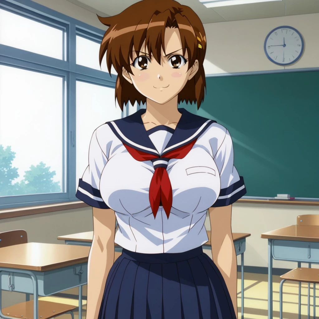 score_9, solo, score_9, Kojima_Kirie, brown hair, short hair, brown eyes, cute, school uniform, large breasts, smirk, looking at viewer, classroom