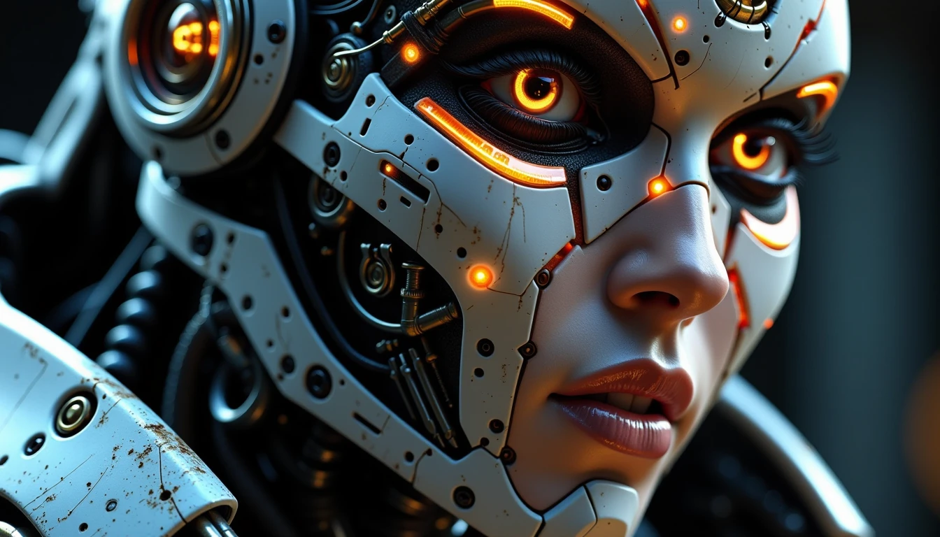 scifi robot,A close-up reveals its humanoid face, with sharp features and glowing eyes, exuding both beauty and power, highly detailed, eerie, gritty, cinematic backlight, depth of field