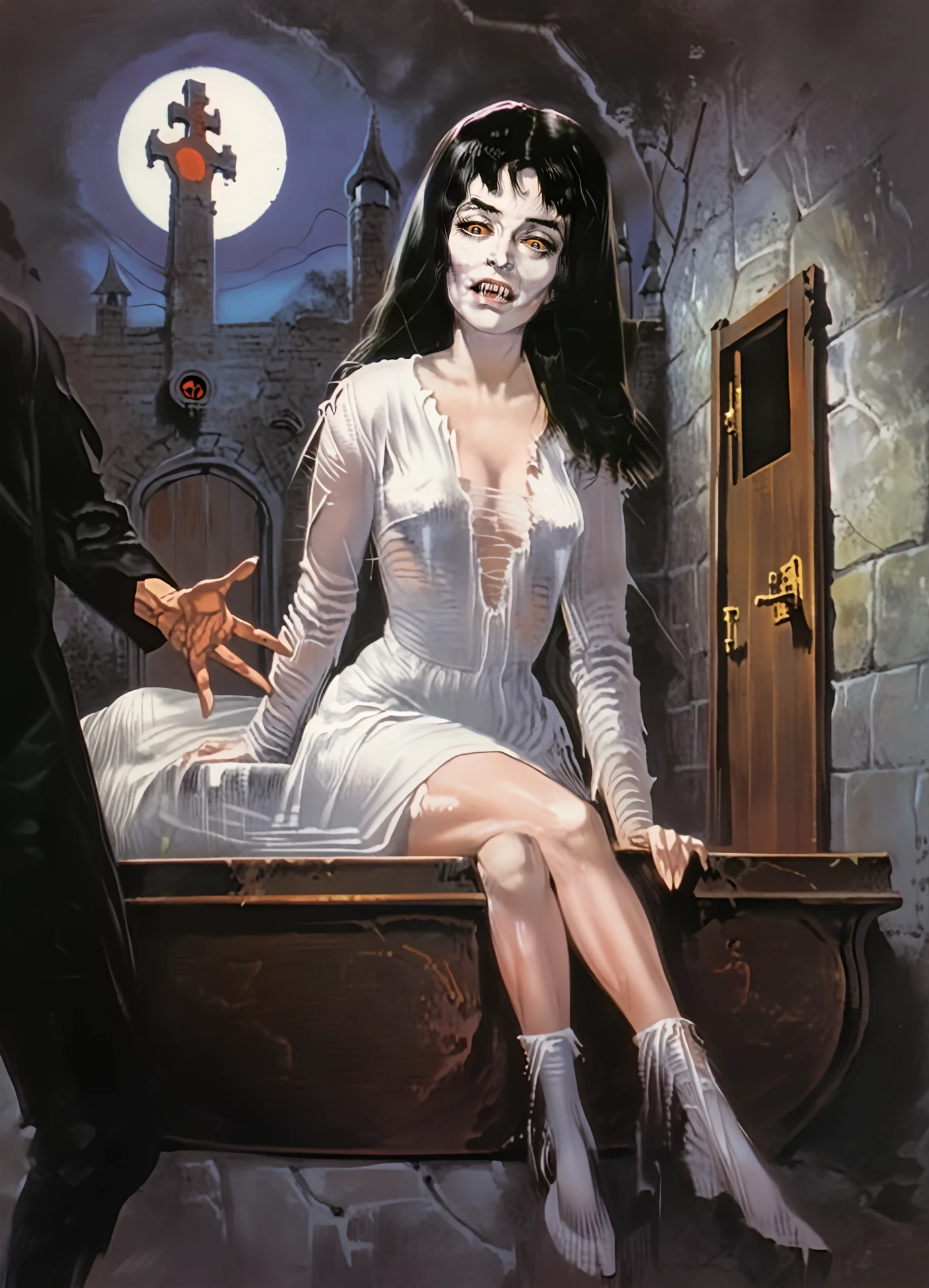 <lora:larry-brent_pony_v2:1> a cover of a larry brent novel,illustration \(genre\),pulp art \(style\) horror , spooky, white skin, long black hair,a female vampire is sitting on a coffin, casket, cellar, dungeon, score_9, score_6_up, score_7_up