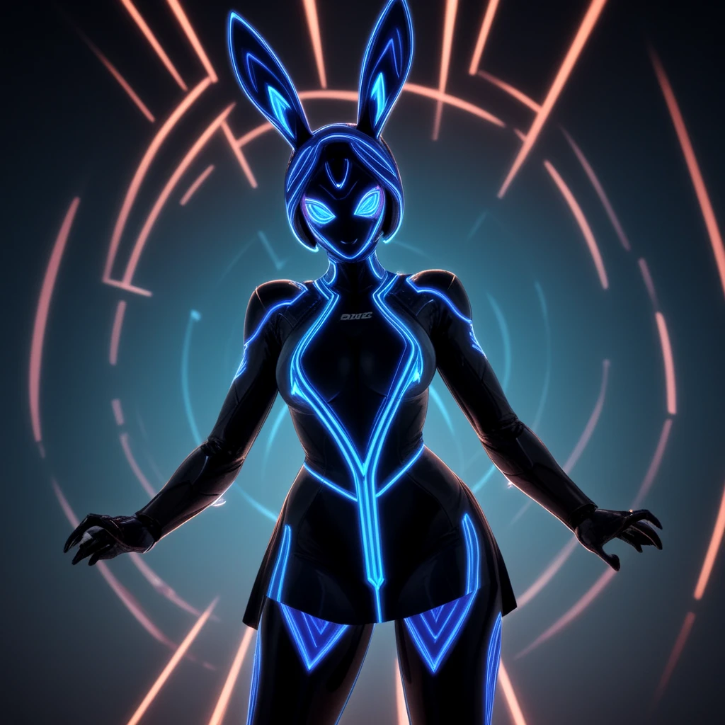 cute woman in intricate sci-fi dress, dark cinematic lighting, dark neon colors, led lights, fractal style, real, photo, 35mm lens, sharp focus, lens effect, lens glare, dress, white gloves, white bunny, bunny girl, anthro bunny, (arms behind her back, proud pose:0.64)