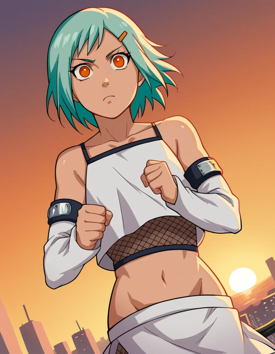 score_9, score_8_up, score_7_up, source_anime, <lora:fuu-shippuden-anime-ponyxl-lora-nochekaiser:1>, fuu, short hair, hair ornament, orange eyes, hairclip, aqua hair,, skirt, navel, detached sleeves, midriff, crop top, fishnets, bare shoulders, collarbone,, rooftop, sunset, cityscape, quiet moment, wind blowing, contemplative, , , hand making a fist, solo,, cowboy shot, dutch angle