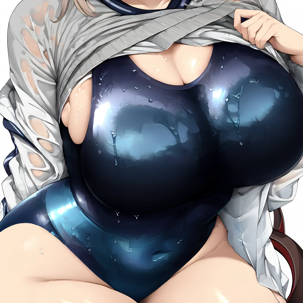 1girl, close-up, clothes lift, competition swimsuit, covered navel, highleg swimsuit, jacket, multiple girls, one-piece swimsuit, open clothes, prinz eugen \(kancolle\), shiny, shiny skin, shirt lift, simple background, swimsuit, wet, wet clothes, masterpiece, best quality, very aesthetic, absurdres,   <lora:better school swimsuits-v1:1>