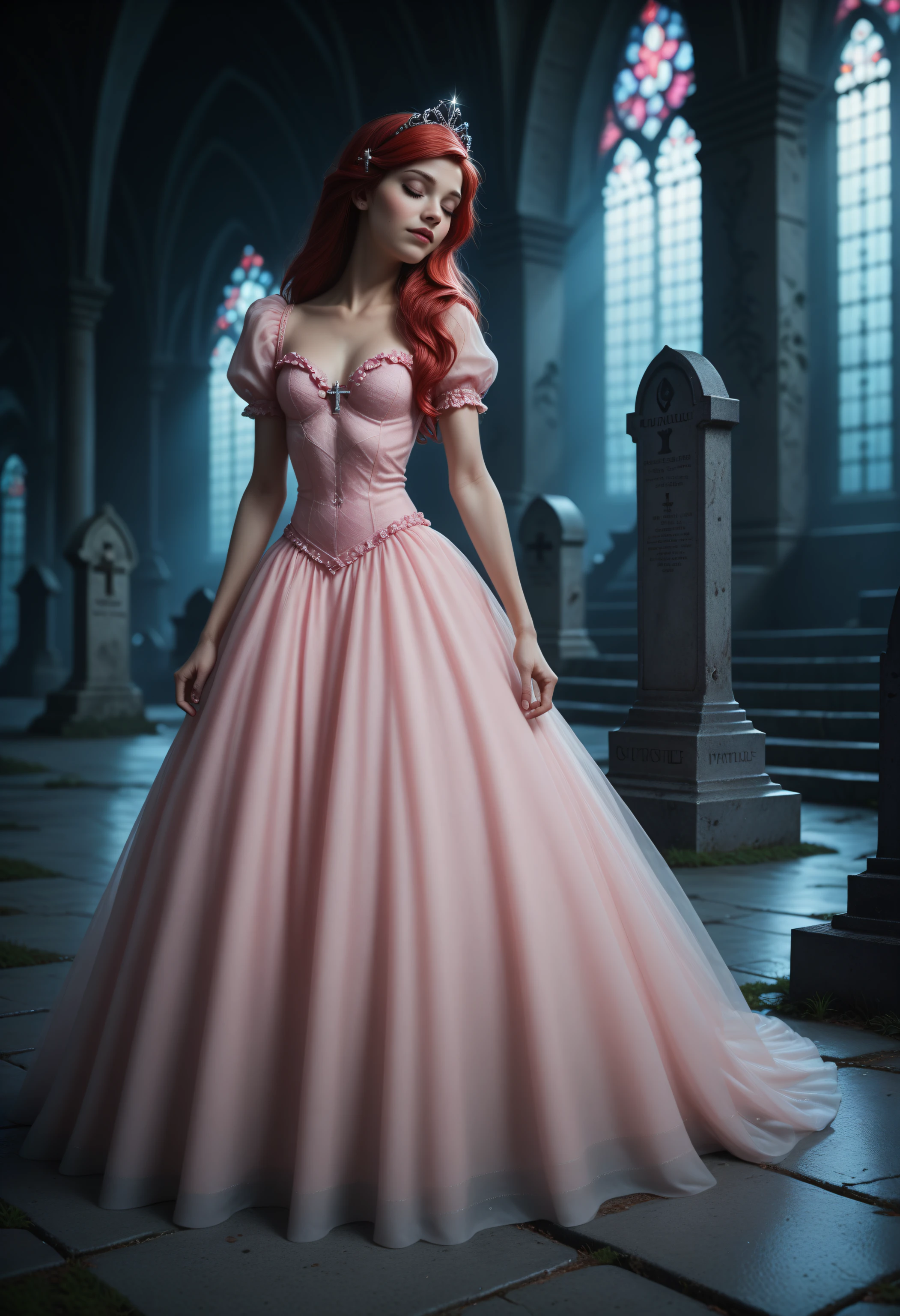 score_9, score_8_up, score_7_up, 1girl, disney, little mermaid, ariel, pink dress, tiara, legs, closed eyes, knees together feet apart, zombie apocalypse, embedding:gy4rd, indoors, hyperrealistic<lora:location\gy4rd.safetensors:1.0>