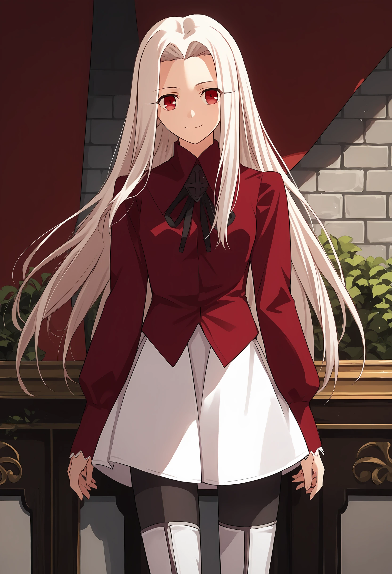 score_9, score_8_up, score_7_up, source_anime , <lora:Irisviel von Einzbern pony2:0.8>, irisviel von einzbern, white skirt, red shirt, shirt, long sleeves, 1girl, solo, long hair, red eyes, white hair, thigh boots, pantyhose, thighhighs, skirt, boots, smile, looking at viewer, cowboy shot, standing