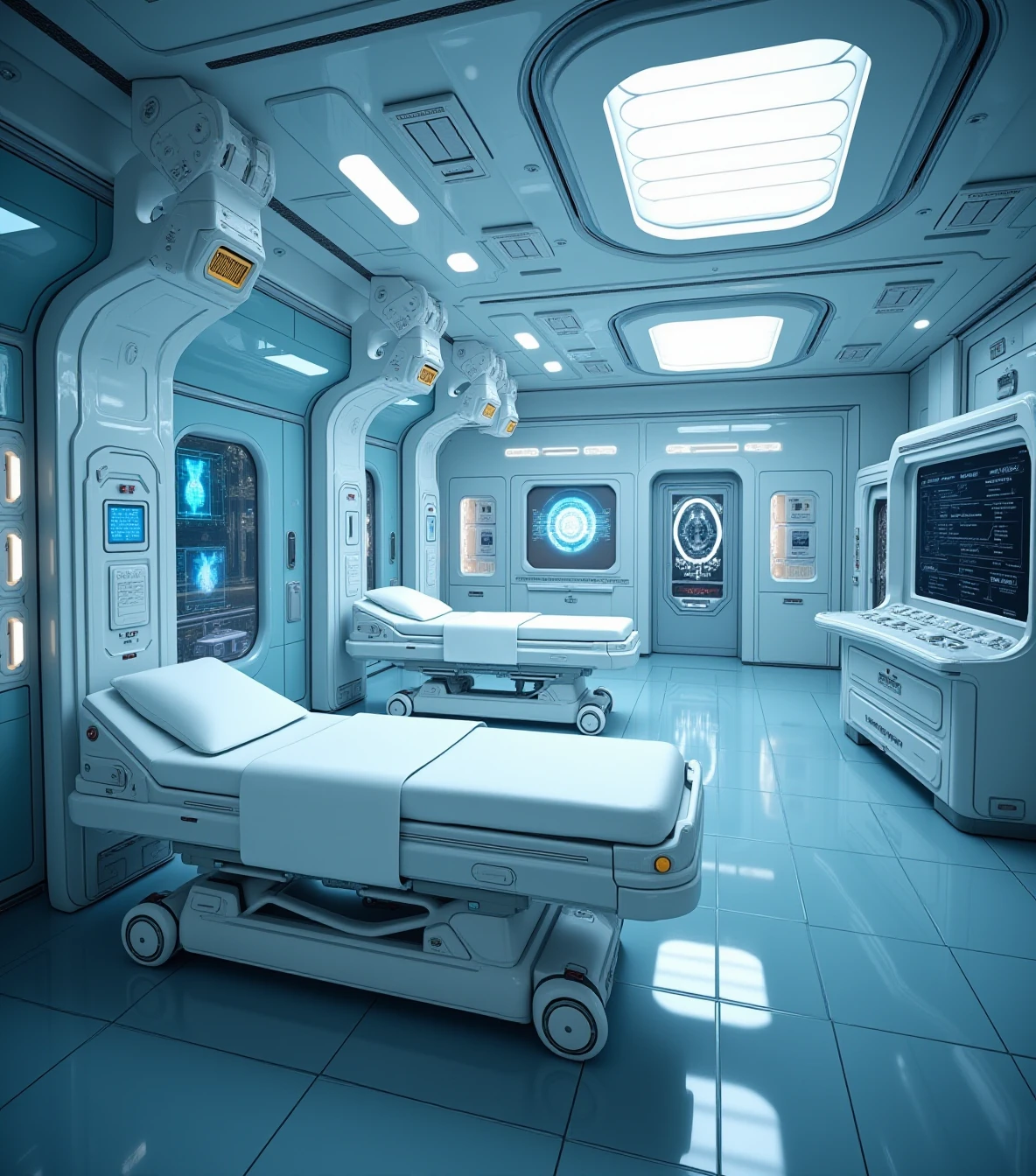 scifi room, The medical bay is a pristine room of glass and chrome, with translucent surfaces reflecting the soft glow of sterilization beams. Robotic arms move silently above the biobeds, ready to perform complex procedures. Along one wall, an AI-controlled terminal analyzes patient data, projected in sharp, glowing holograms.