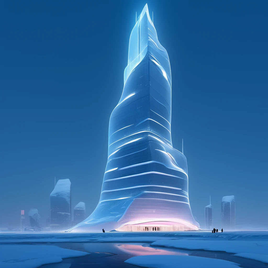 Soft Sketch Design of a Futuristic Skyscraper in an Icy Landscape:

Imagine a soft, sketched portrayal of a futuristic skyscraper, its elegant form rising from an expansive, icy terrain. The skyscraper’s design is inspired by the fluid lines and aerodynamic curves of a high-tech race car, with delicate, flowing strokes that suggest both speed and grace.

The structure is accentuated by soft, glowing neon accents in pink and blue, which contrast beautifully against the cool, icy surroundings. These neon lights trace the building's smooth contours, blending gently into the sketch, creating an otherworldly glow that seems to radiate warmth in the cold environment.

The icy landscape surrounding the skyscraper is depicted with gentle, sweeping lines that evoke the undulating surface of frozen plains and snow-covered peaks. Light shading suggests the texture of the ice, with subtle highlights and shadows giving the impression of depth and reflection. The distant mountains and ice formations are drawn with faint, delicate lines, fading into the background, allowing the skyscraper to stand as the focal point.

The building's reflective glass surfaces capture the surrounding icy landscape, with hints of the soft blues and whites of the snow and ice mirrored on its facade. The interplay of light and shadow on the skyscraper’s surface creates a serene and tranquil atmosphere, as if the building is a beacon of modernity in a vast, frozen wilderness.

Inside, the soft lighting and airy lines continue, with hints of the interior spaces just visible through the glass. The high-tech, cyberpunk elements are subtly suggested with light touches, maintaining the delicate balance between the structure and its environment.

The entire composition is set against a lightly textured, icy backdrop, with the skyscraper standing tall and serene, its futuristic design harmoniously integrated with the cold, pristine beauty of the icy surroundings.