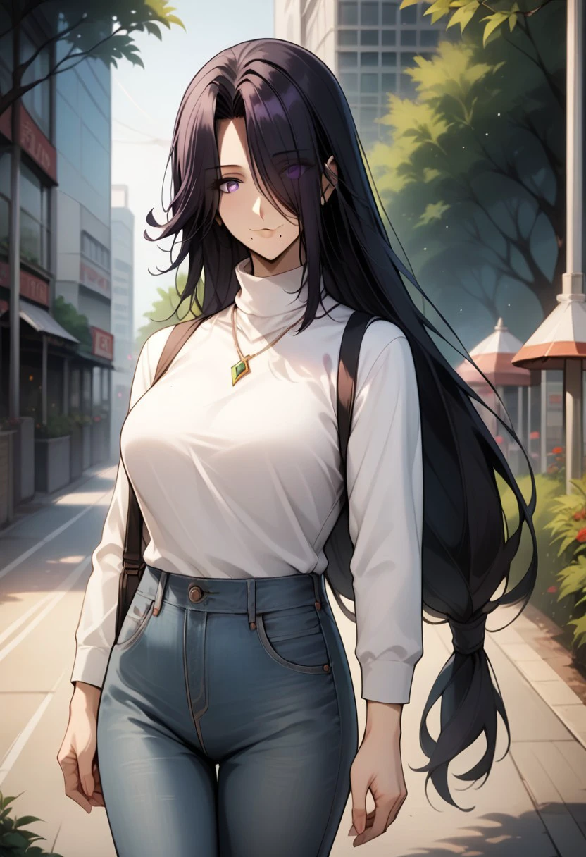 score_9,score_8_up,score_7_up,source_anime, aurora (kage no jitsuryokusha ni naritakute!),1girl,solo,long hair,breasts,looking at viewer,smile,bangs,large breasts,shirt,black hair,long sleeves,jewelry,closed mouth,standing,purple eyes,white shirt,cowboy shot,outdoors,day,pants,necklace,mole,hair over one eye,sweater,tree,turtleneck,eyes visible through hair,denim,mole under mouth,jeans,turtleneck sweater,white sweater,