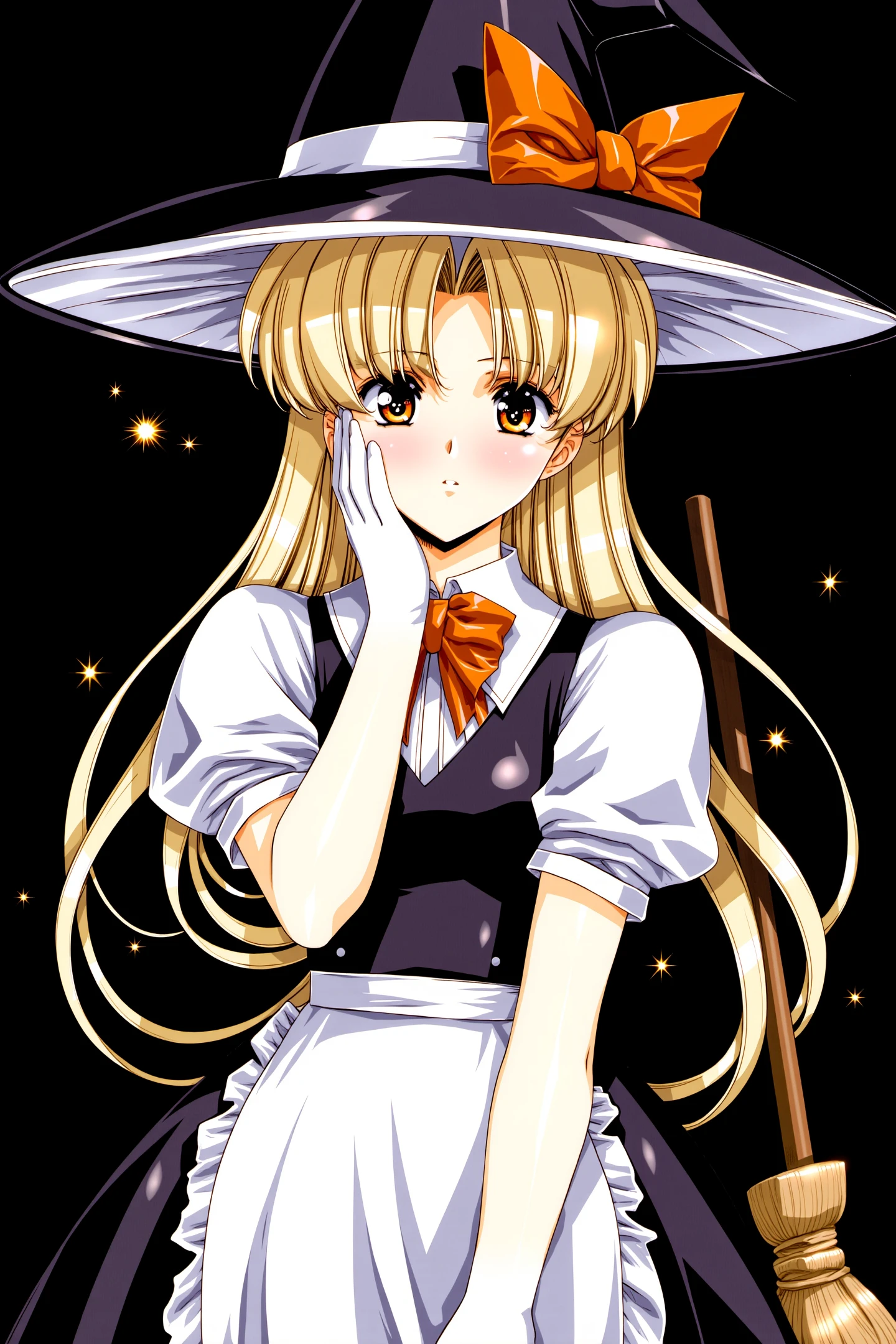 1girl,solo,kirisame marisa,hat,blonde hair,long hair,gloves,broom,braid,witch hat,star (symbol),bow,yellow eyes,looking at viewer,short sleeves,single braid,white gloves,puffy sleeves,hat bow,puffy short sleeves,apron,black background,side braid,orange bow,vest,cowboy shot,black headwear,dress,closed mouth,frills,smile,holding broom,skirt,adapted costume,waist apron,hair bow,hand on own face,ribbon,bowtie,shirt,blush,star background,
<lora:Urushihara Satoshi_FLUX:1.2>,