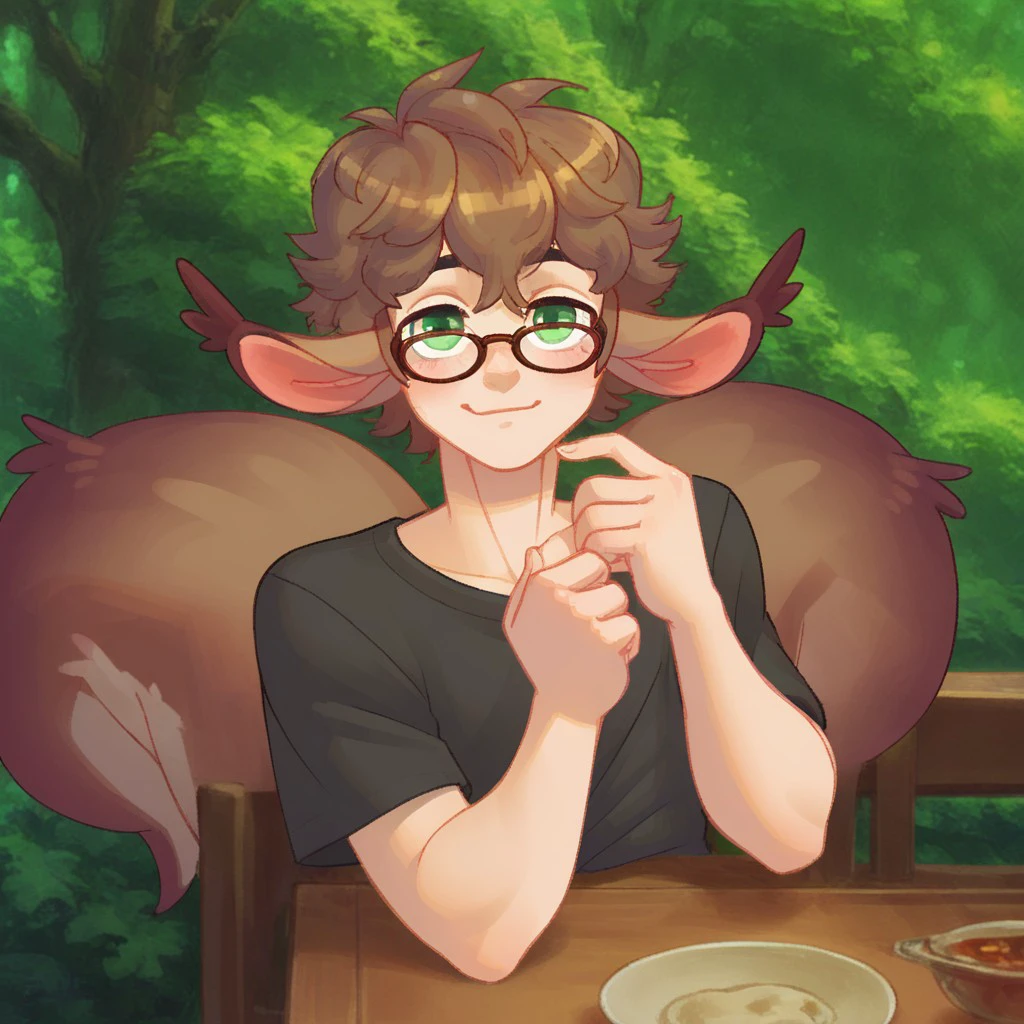 (masterpiece), best quality, expressive eyes, perfect face, black t-shirt, smile, blush, upper body, from above, score_9, score_8_up, score_7_up, score_6_up, green eyes, short hair, curly hair, brown hair, 1boy, cashew, squirrel ears, squirrel tail, hybrid_cashew, , <lora:688196b8-14ab-42c6-a868-6081c99e1ac3:0.9>, <lora:42f8fcc2-f373-4b71-9e9a-956fb5b05a1a:1.0>