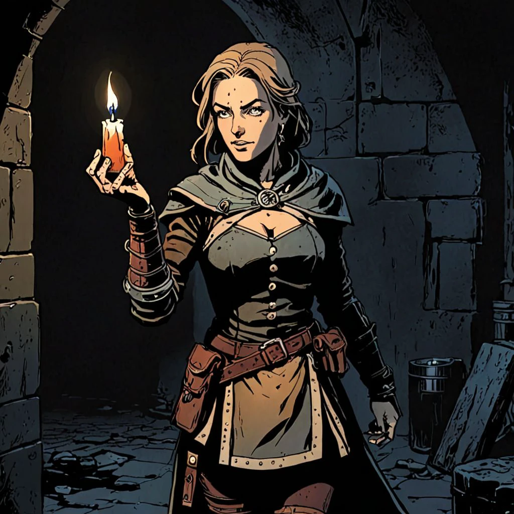 a female warrior in a darkest dungeon ever with a small candle for light, <lora:RickXl_v1:0.75> rick_hocket, comic book style, outputric