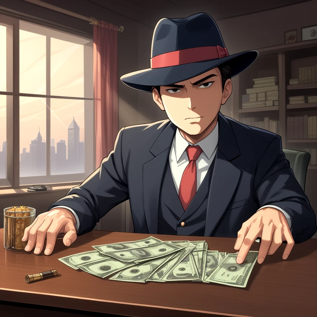 (2d anime style, thin lines, flat colors:1.5), male crime boss wearing a fedora hat and smoking a big cuban cigar, sitting behind his huge wooden desk with some paper money and a gun. dark lit scene.