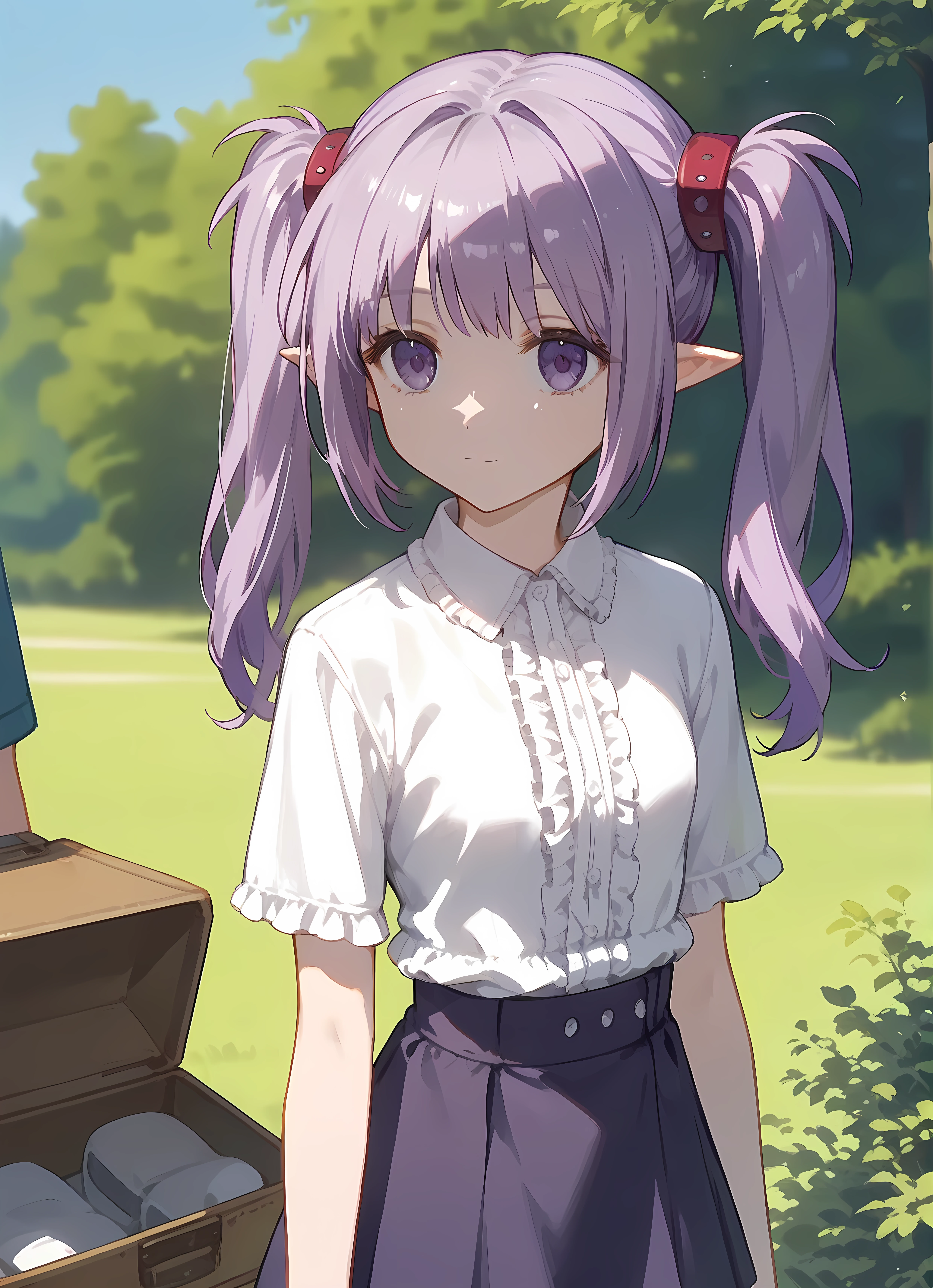 score_9,score_8_up,score_7_up,closed mouth, shiny skin, light smile,ohwx, 1girl, solo, sidelocks, twintails, long_hair, purple_eyes, purple_hair, grey_hair, empty_eyes, expressionless, pointy_ears,skirt, frills, shirt, center_frills, Pretending to hold a heavy box, camp,<lora:primula_pony_sobsynapse-000004:0.8>