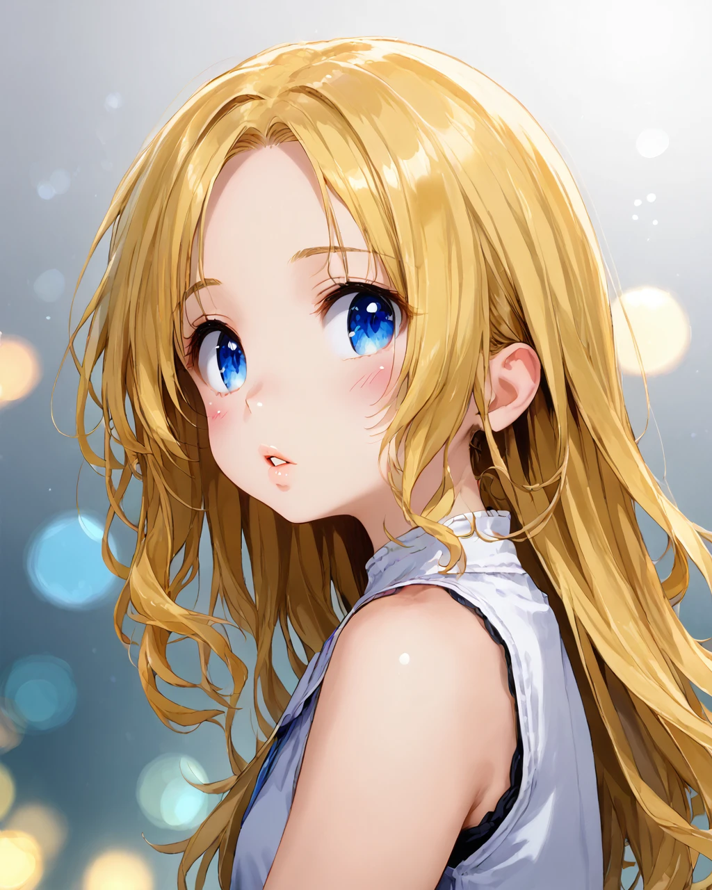 1girl,white_background,portrait,large eyes,parted_lips,yellow_hair,blue_eyes,blush,sleeveless,bokeh,<lora:ishikei:1>