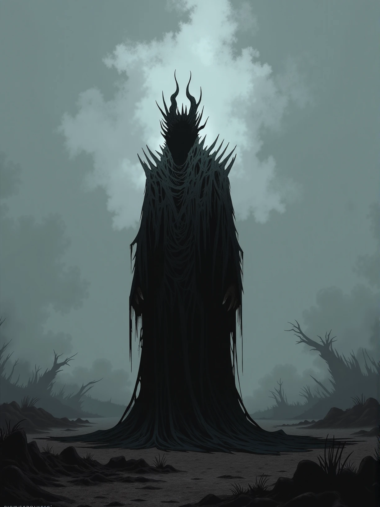 A foreboding, faceless dark figure stands shrouded in shadows, its form indistinguishable but exuding a palpable aura of despair. The figure's presence is marked by an eerie, otherworldly shape that contrasts sharply with the surrounding darkness. The environment is a desolate, fog-covered landscape where light is scarce, adding to the oppressive mood. The graphic embodies the essence of darkness without revealing any human traits, creating an unsettling and mysterious atmosphere. Dark fantasy, darkcore <lora:Darkcore Flux:0.8>