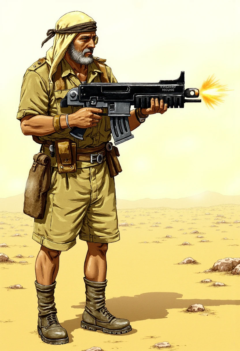 In a graphic novel style comic, imagine a rugged Long Range Desert Group soldier, dressed in light khaki desert fatigues, complete with a loose keffiyeh wrapped around his head and draped over his shoulders for protection from the harsh desert sun. His shorts, belt pouches filled with ammo, and weather-beaten boots speak of the rough terrain he navigates. In his hands, he grips a bolter, the powerful weapon poised and ready, its barrel glinting under the desert sun. The soldier stands with his back to the sand dunes, the horizon blurring in the intense heat as he takes aim. The bolt rounds fire in short, controlled bursts, the muzzle flash creating a stark contrast against the pale yellow sands as he targets distant enemy forces, a mix of determination and survival etched on his weathered face.