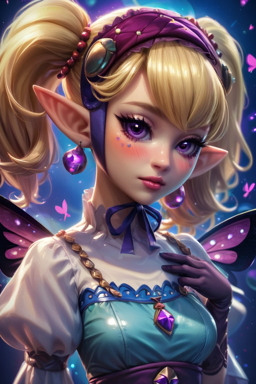 score_9, score_8_up, score_8, medium breasts, (curvy), cute, eyelashes,       BREAK, , <lora:Agitha_Zelda_PDXL:0.8>,  zzAgitha, purple eyes, blonde hair, twintails, pointy ears, jewelry, earrings, gloves, dress, butterfly wings, , BREAK,  (ultra realistic,32k, masterpiece:1.2),(high detailed skin:1.1),( high quality:1.1), curvy, head tilt, hearts, blush, lips, curvy, head tilt, shiny clothes, (upper body), looking at viewer, bokeh, luminescent background,  embedding:zPDXL, Expressiveh,  <lora:RlAnmPDXL:1.0>,