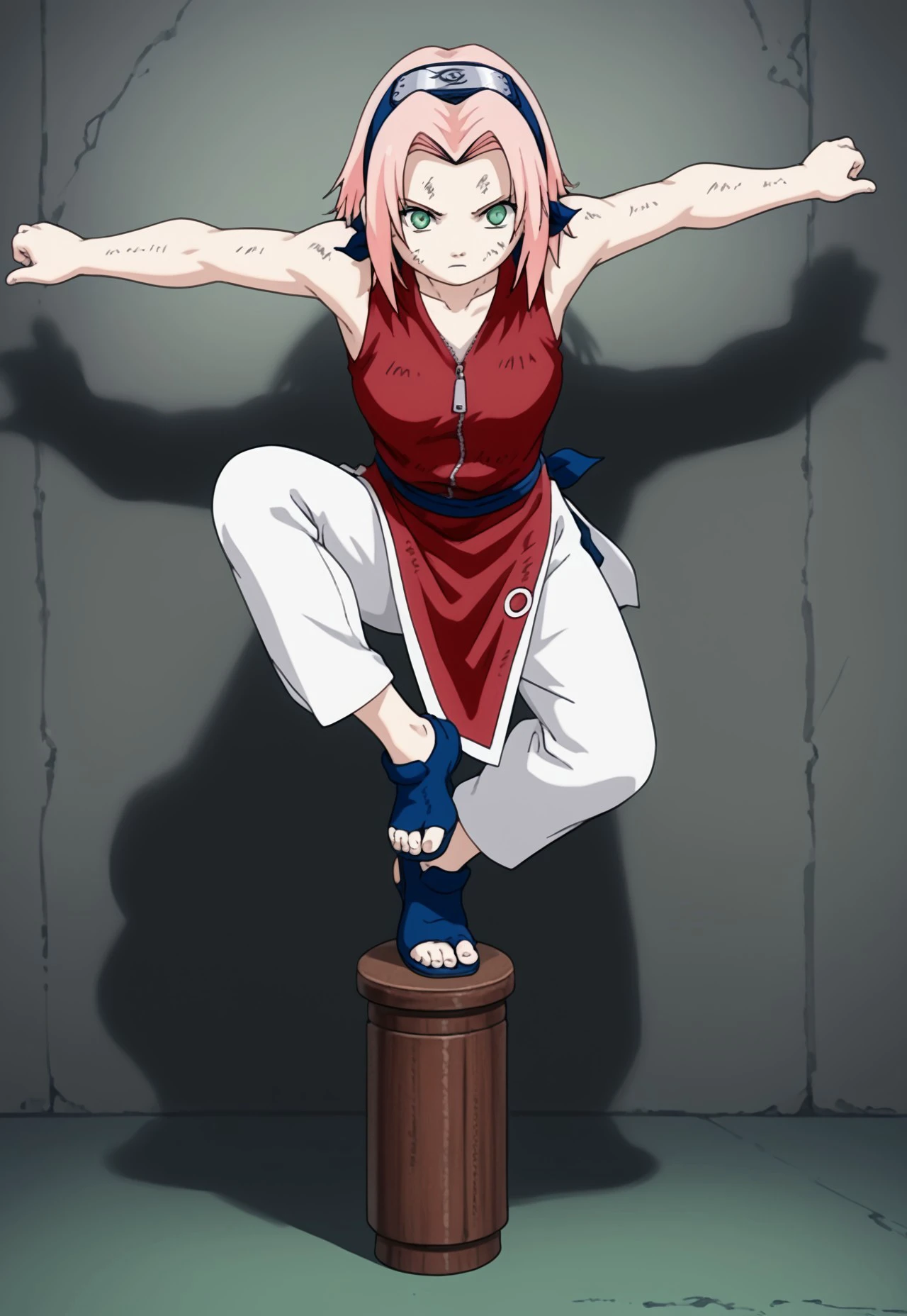 
score_9, score_8_up, score_7_up, (())
,
((( 1girl, solo, Monkeymb, stance, balancing, stool)))
,
(( ))
,
((( full body view )))
,
((( )))
,
(((<lora:sakura-haruno-s1-ponyxl-lora-nochekaiser:1>, sakura haruno, medium hair, green eyes, pink hair, parted bangs, dress, bare shoulders, collarbone, sleeveless, sleeveless dress, zipper, zipper pull tab, forehead protector,))
,
(( Indoor, white modern wall  ))
,
(((  )))
,
((((  ))) 