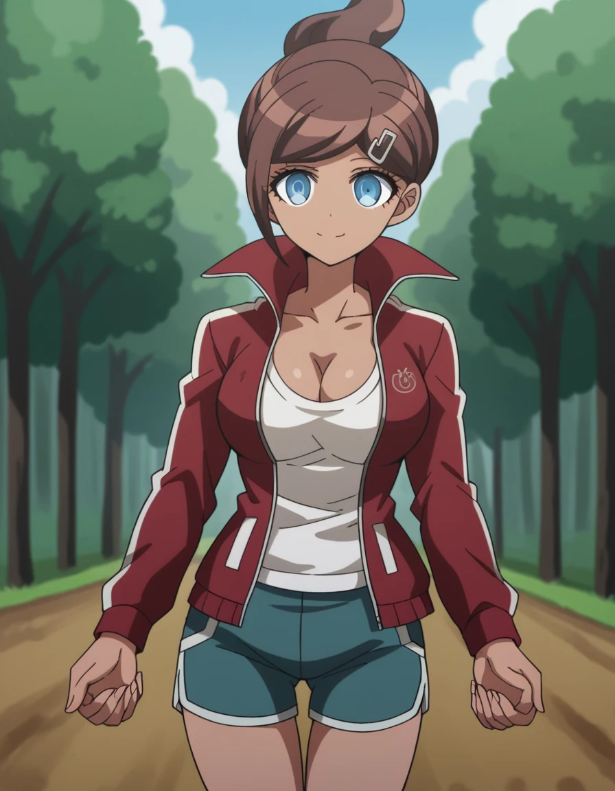 score_9, score_8_up, score_7_up, source_anime, <lora:aoi-asahina-s1-ponyxl-lora-nochekaiser:1>, aoi asahina, short hair, bangs, blue eyes, brown hair, hair ornament, ponytail, hairclip, dark skin, dark-skinned female, large breasts,, shirt, long sleeves, cleavage, collarbone, jacket, white shirt, open clothes, shorts, hairclip, open jacket, red jacket,, bike ride, countryside, dirt road, trees, afternoon sun, peaceful, alone, smile, , hand holding a pencil, solo,, cowboy shot, dutch angle