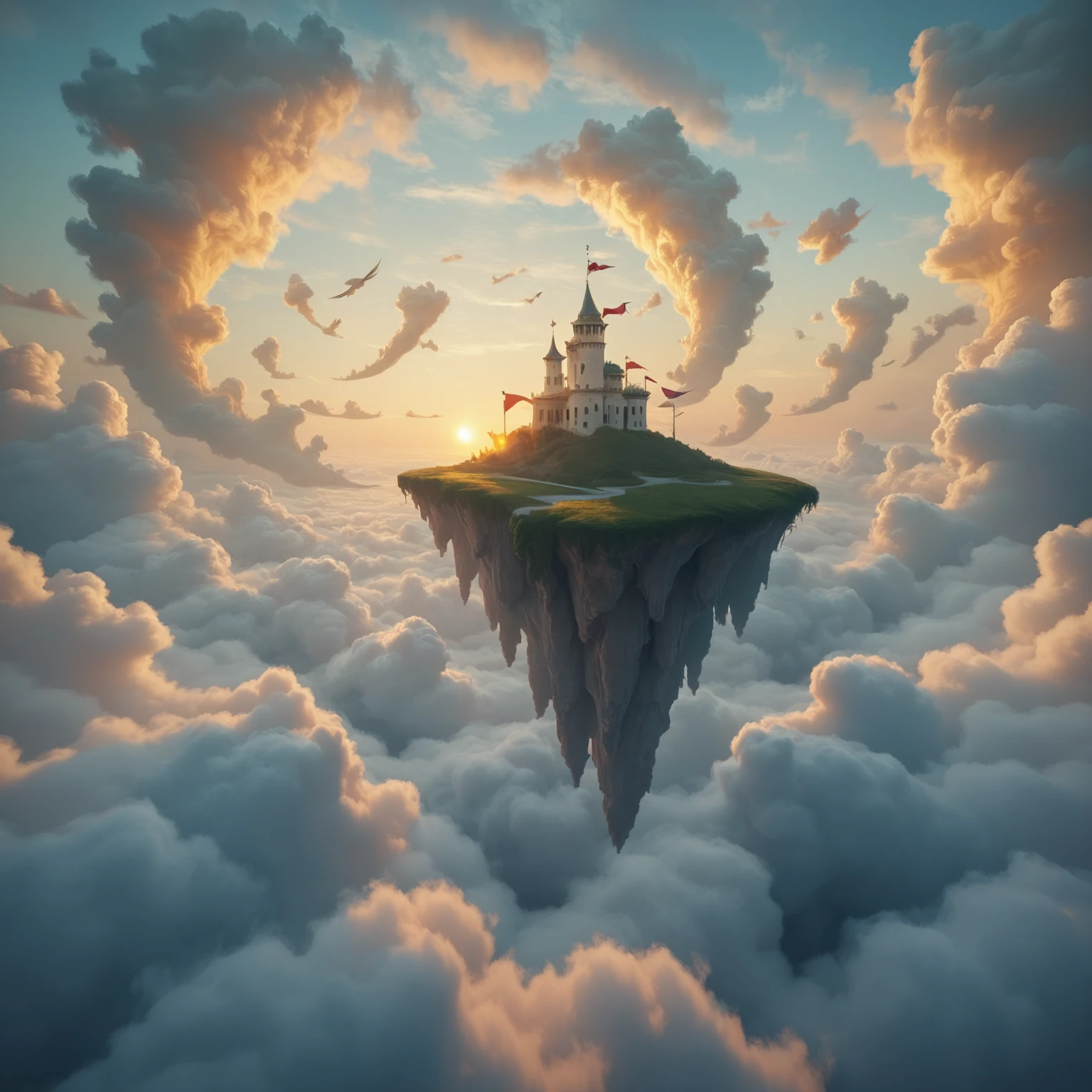 floating islands, clouds, sunset, <lora:elemental_plane_of_air_pony:1>, elementalplaneair, BREAK score_9, score_8_up, score_7_up, best quality, masterpiece, 4k, prefect lighting, very aesthetic, zPDXL