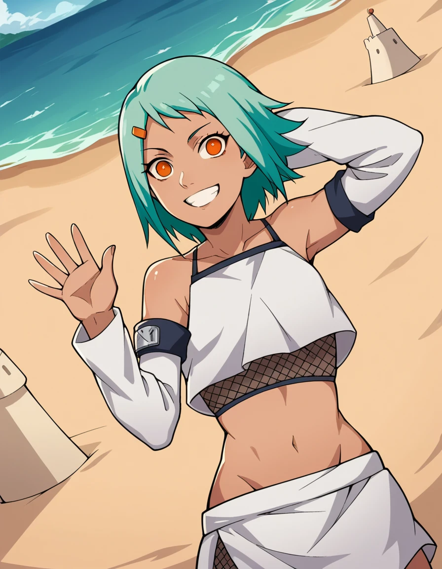 score_9, score_8_up, score_7_up, source_anime, <lora:fuu-shippuden-anime-ponyxl-lora-nochekaiser:1>, fuu, short hair, hair ornament, orange eyes, hairclip, aqua hair,, skirt, navel, detached sleeves, midriff, crop top, fishnets, bare shoulders, collarbone,, beach, sand castle, swimsuit, summer vacation, ocean wave, hands behind head,, smile, , hand waving, solo,, cowboy shot, dutch angle