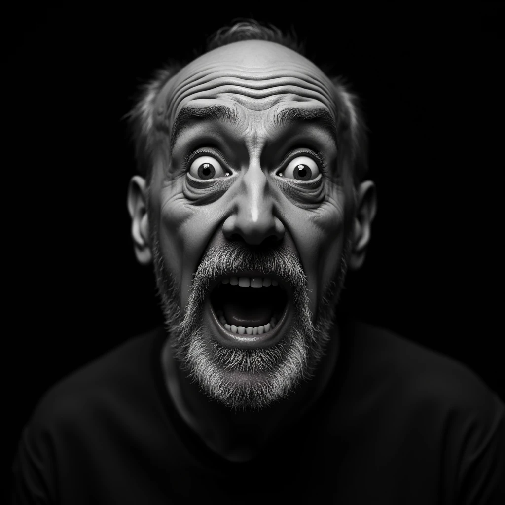 <lora:facial expression style v1:1>
fear facial expression of a scared old man with a beard and a mustache, themed, sharp, detailed skin, epic cinematic photography, artistic, creative, wrinkly face, dramatic lighting style, cinematic color style, Kodak film style, skin pore, emotional style, gustier style, facial expression style, fear facial style, solo, looking at viewer, simple background, shirt, 1boy, monochrome, greyscale, male focus, teeth, facial hair, black background, portrait, beard, wide-eyed, realistic, mustache, bald, old, old man, open mouth, afraid, horror (theme)