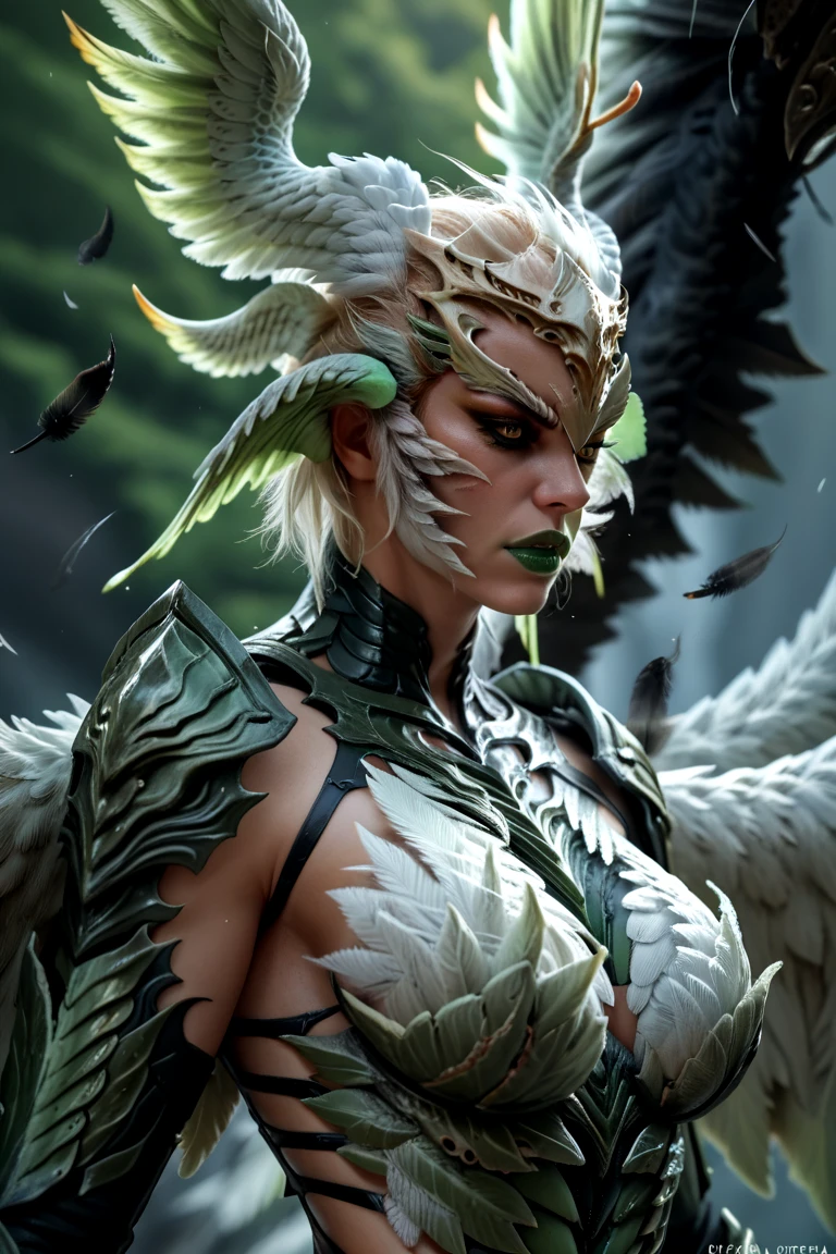 score_9, score_8_up, score_7_up, Garuda, head wings, monster girl, female, green lips, black feathers, large wings, fingernails, multiple wings, feathered wings, black body, yellow eyes, claws, feathers, armor, provocative stance, side view, close-up