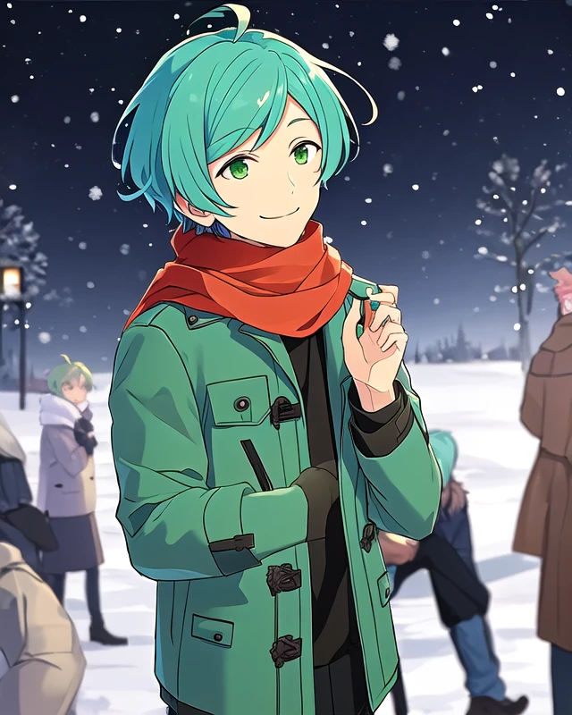 shinkai kanata, solo, solo focus, 1boy, male focus, smile, short hair, aqua hair, green eyes, ahoge, winter jacket, scarf, winter background <lora:KanataSD15-06:0.7>