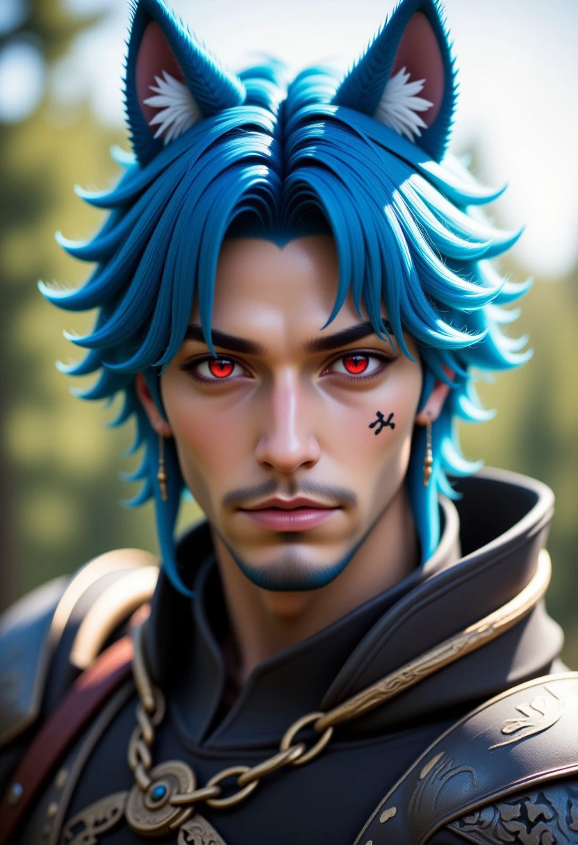 dsk_aesthetic, miqo'te, 1boy, animal ears, solo, male focus, facial hair, miqo'te, blue hair, cat ears, earrings, jewelry, blurry background, blurry, beard, upper body, royal attire, armored royal attire, outdoors, facial mark, looking at viewer, signature, red eyes, dark skin, cat boy, final fantasy xiv, fantasy