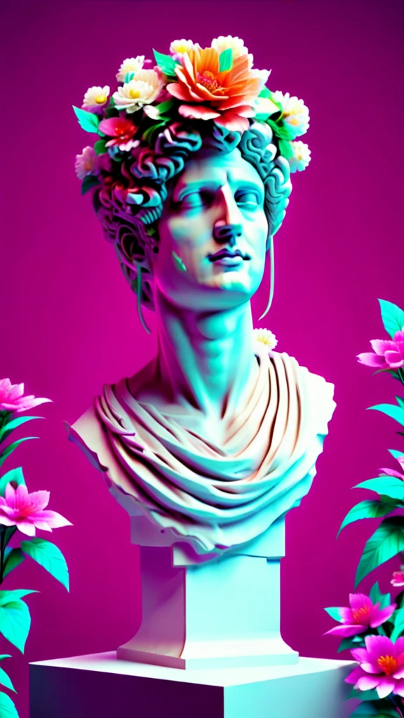 a statue of a man with a flower in his hair , vaporwave, c4d , unreal engine 5 ,