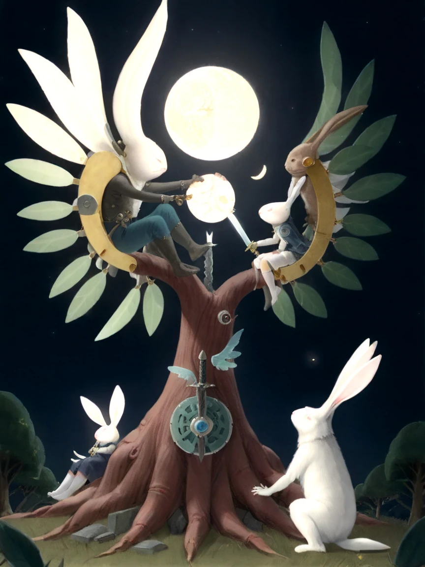 <lora:tlacuiloapt2XL:1> tlacuiloapt2, tree, sitting, child, moon, sword, mechanical wings, rabbit