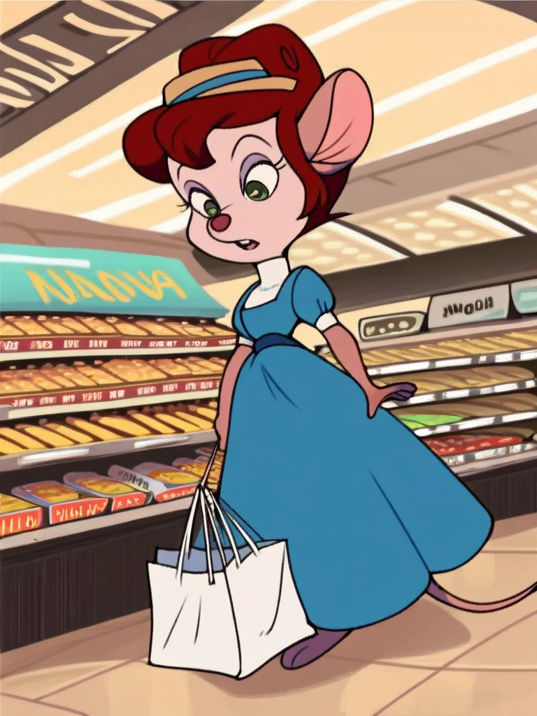 score_9, score_8_up, score_7_up, score_6_up, score_5_up, score_4_up , Nellie_Brie, blue dress, blue sash, hat, shopping bag, storefront, shopping mall, crowd, detailed background, detailed face, detailed eyes,  <lora:nellie:1>