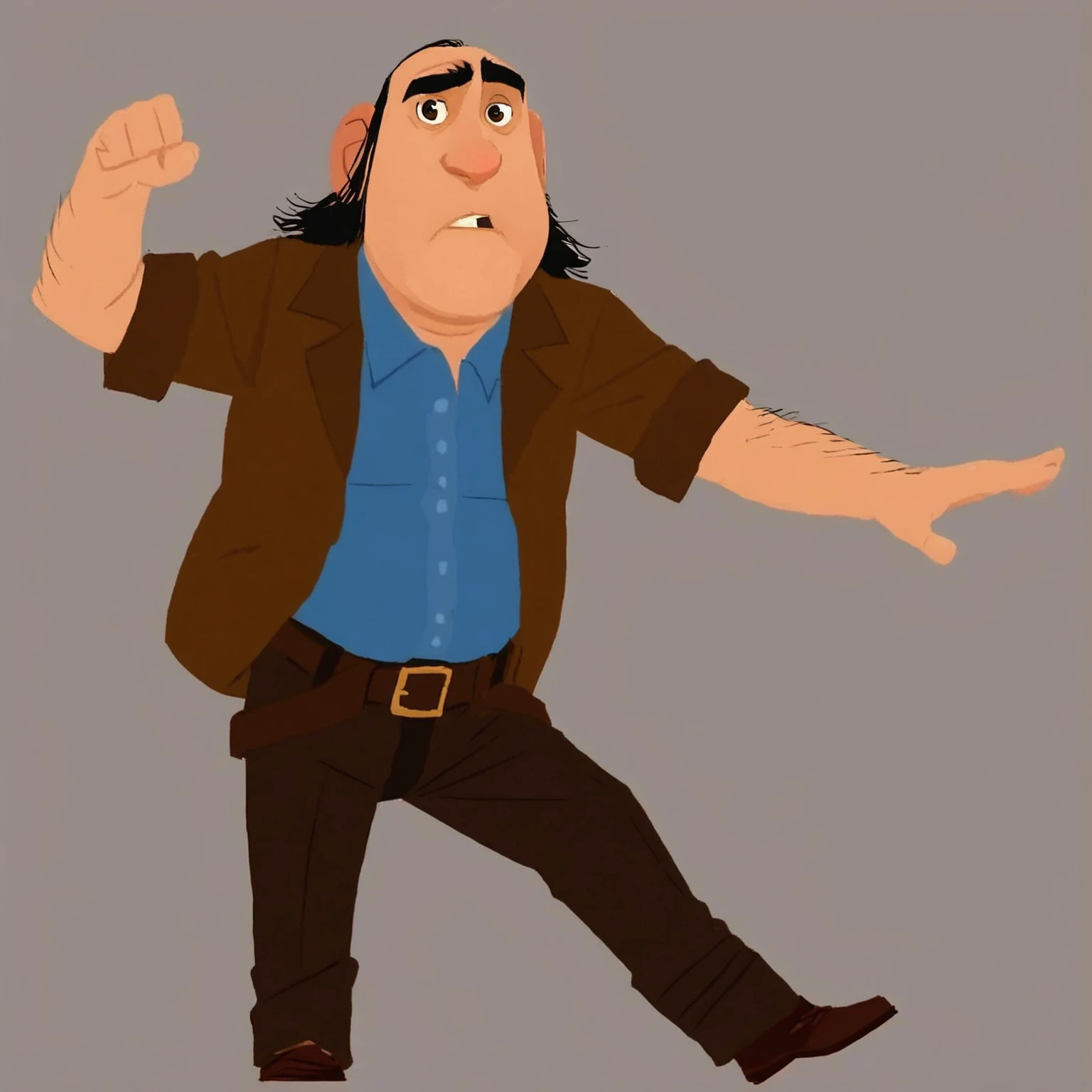 Blinky, 1boy, solo, mature male, balding, long hair, black hair, brown eyes, arm hair, brown jacket, short sleeves, blue shirt, belt, brown pants, shoes,