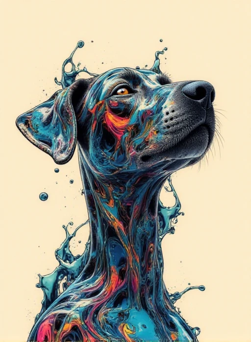 <lora:nkv_Abstract_fluid_medium1:1.5> nkv style, liquid, abstract, surreal, illustrations, head, dog