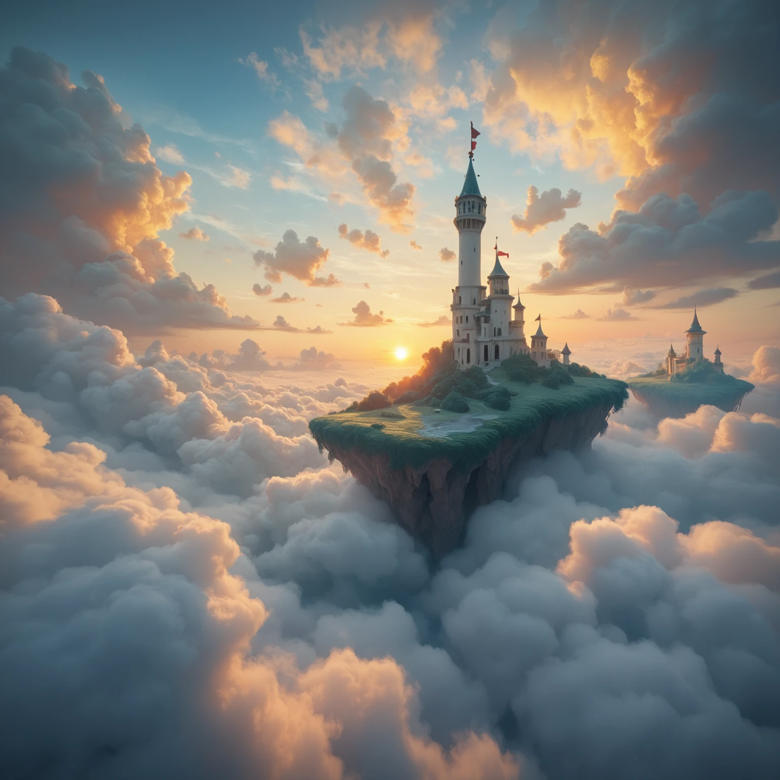 floating islands, clouds, sunset, <lora:elemental_plane_of_air_pony:1>, elementalplaneair, BREAK score_9, score_8_up, score_7_up, best quality, masterpiece, 4k, prefect lighting, very aesthetic, zPDXL