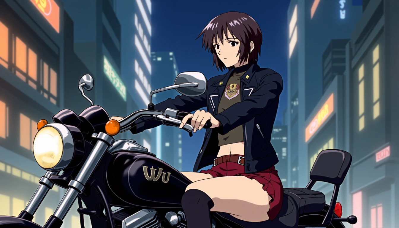 A detailed portrait of yui ikari. A mature beautiful female scientist.  
Anime style, sharp, high contrast and highly detailed. Ghibli anime style. Perfect anatomy. Perfect body ratio. No oversized head. No blurry, out of focus pictures. No simple background, no single color background.
She is sitting on a black motorcycle. She wears leather jacket, a choker, short skirt and black stockings. She looks haughty. Tokyo city nightscape in the background.
 <lora:Ikari Yui - Flux prototype_epoch_3:1>