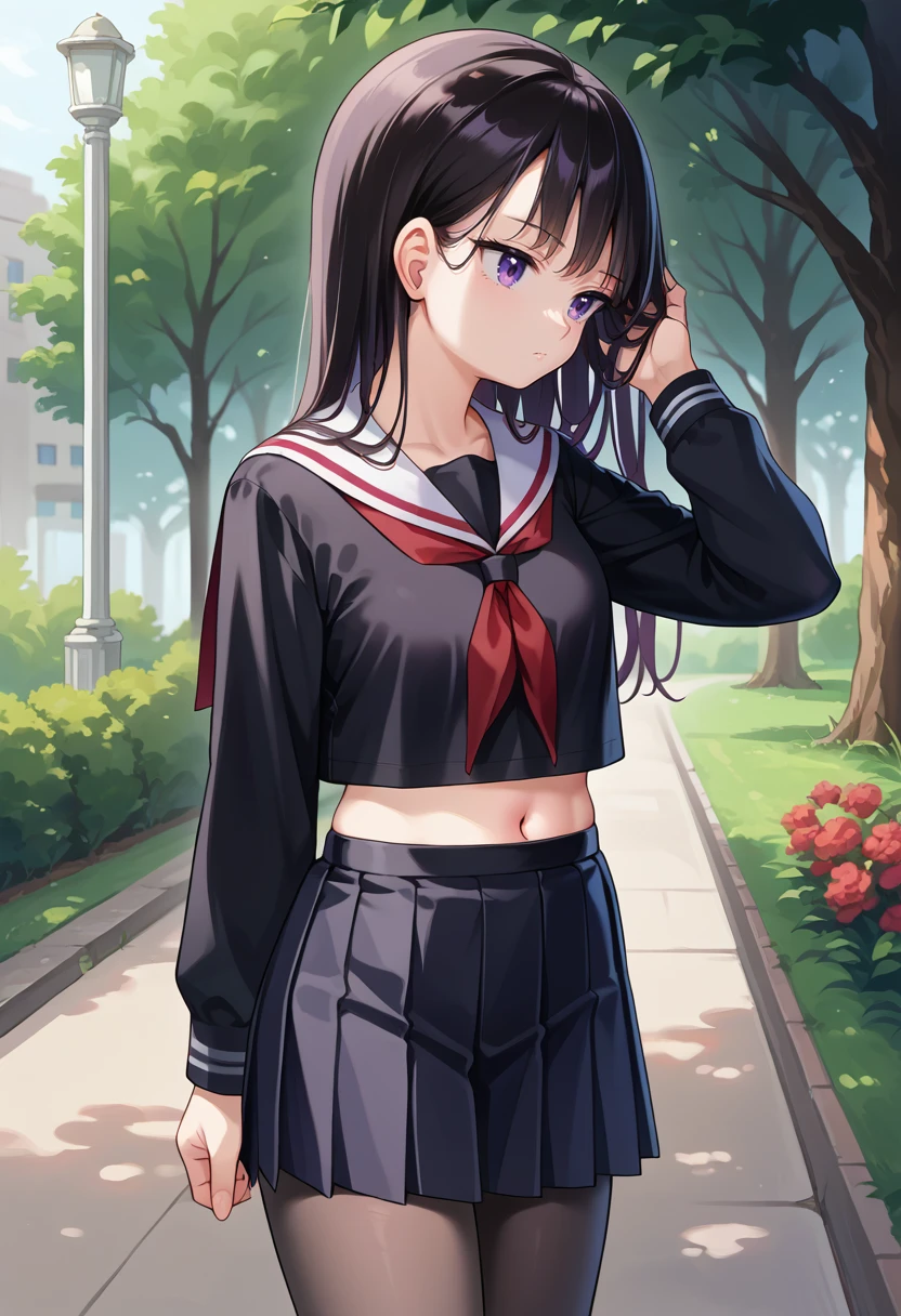 score_9, score_8_up, source_anime, 1girl, solo, Tights-chan, long hair, black serafuku, long sleeves, white sailor collar, red neckerchief, black skirt, midriff, black pantyhose, outdoors, park, hand in own hair, expressionless, <lora:ChamTightsChanPonyXL:1>